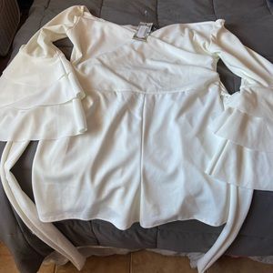 White off-the shoulder flare ruffled sleeve romper